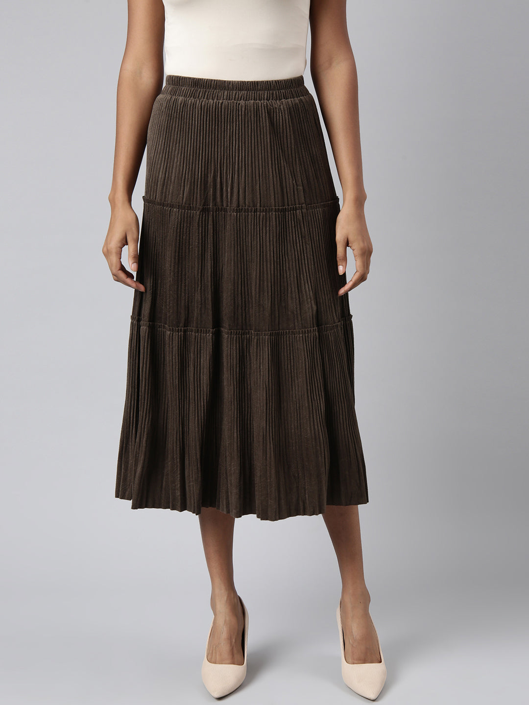 Women Tiered Midi Olive Solid Tiered Skirt