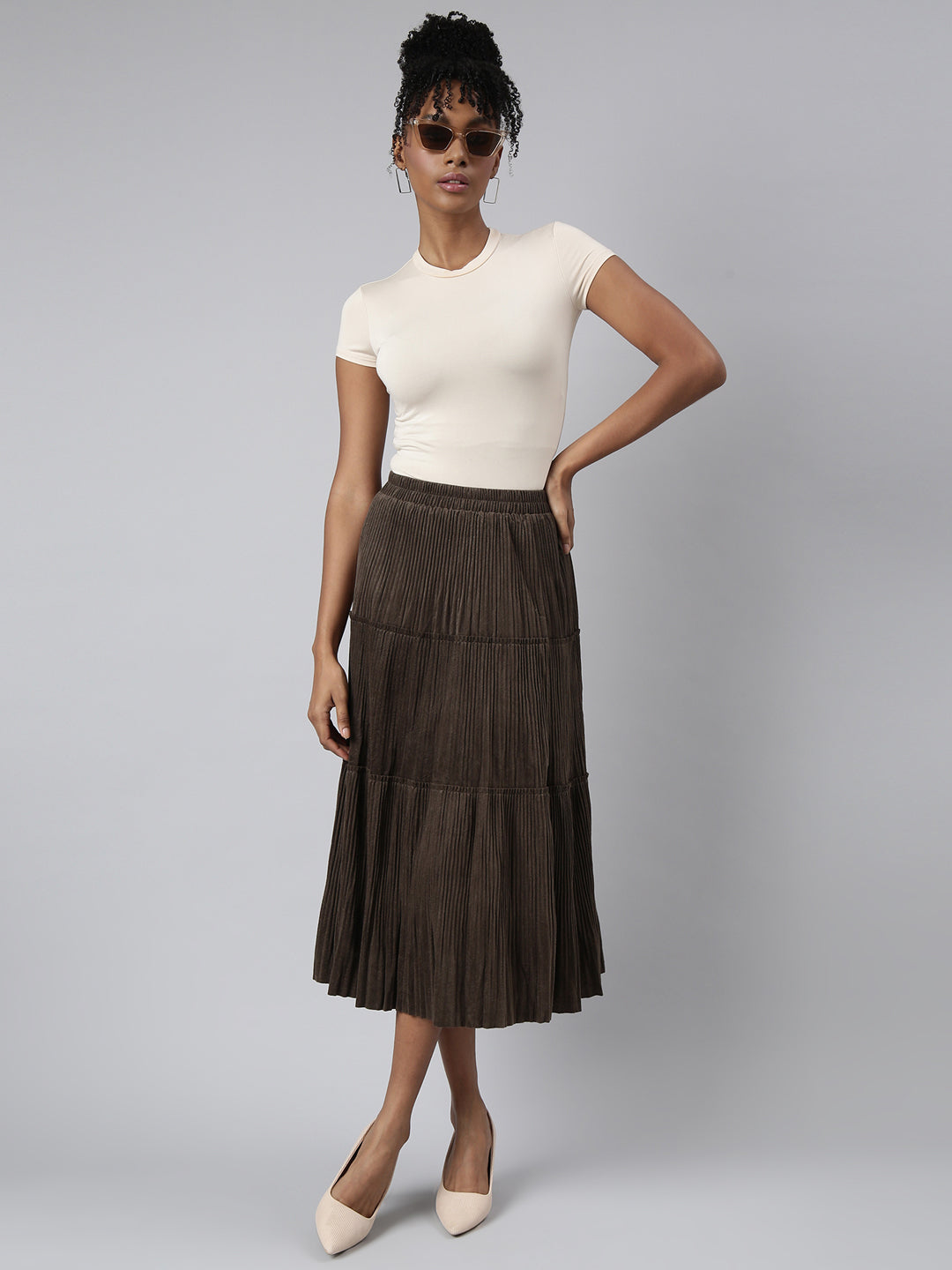 Women Tiered Midi Olive Solid Tiered Skirt