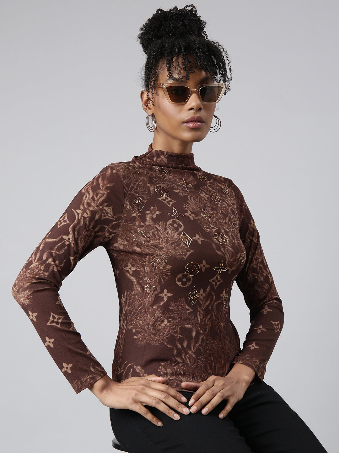 Women Brown Floral Fitted Top