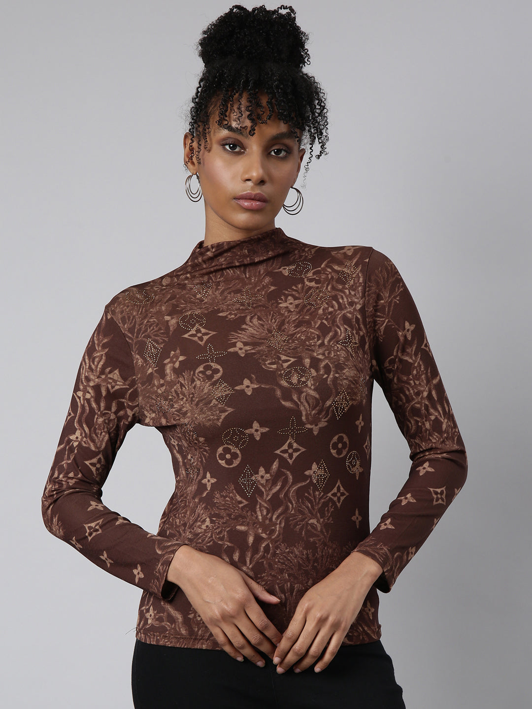 Women Brown Floral Fitted Top