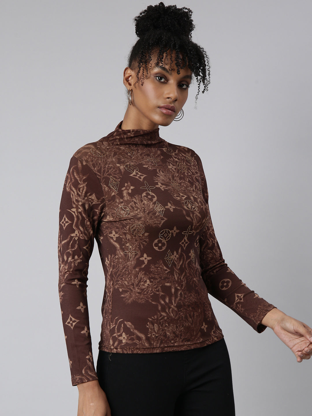 Women Brown Floral Fitted Top