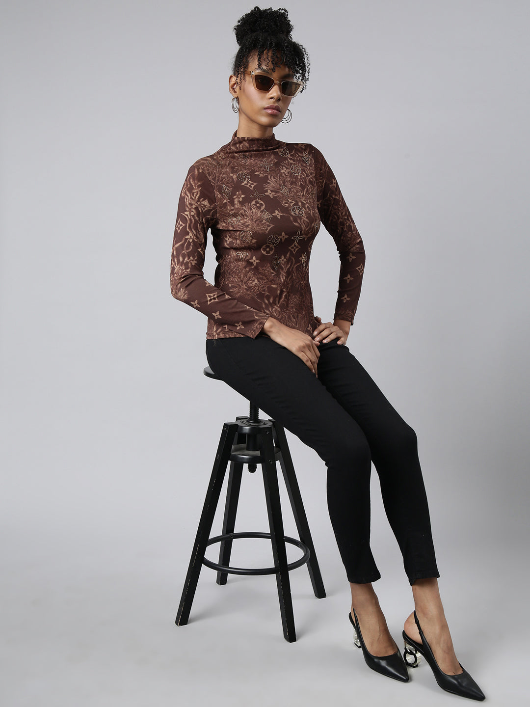 Women Brown Floral Fitted Top