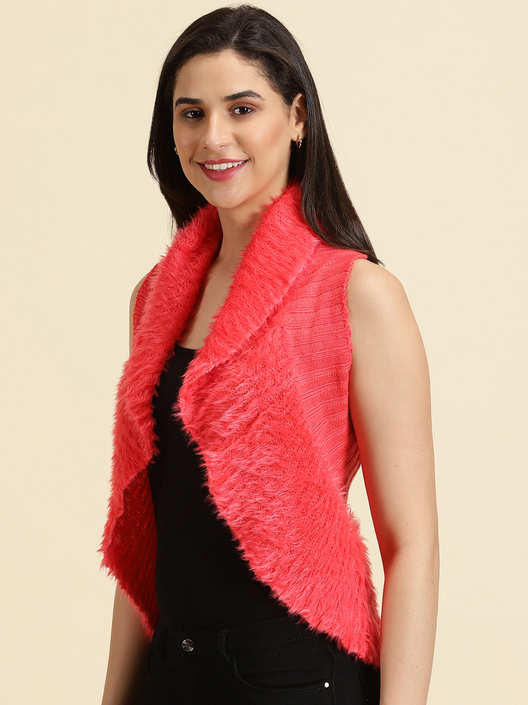 Women's Coral Self Design Wool Sleeveless Open Front Shrug