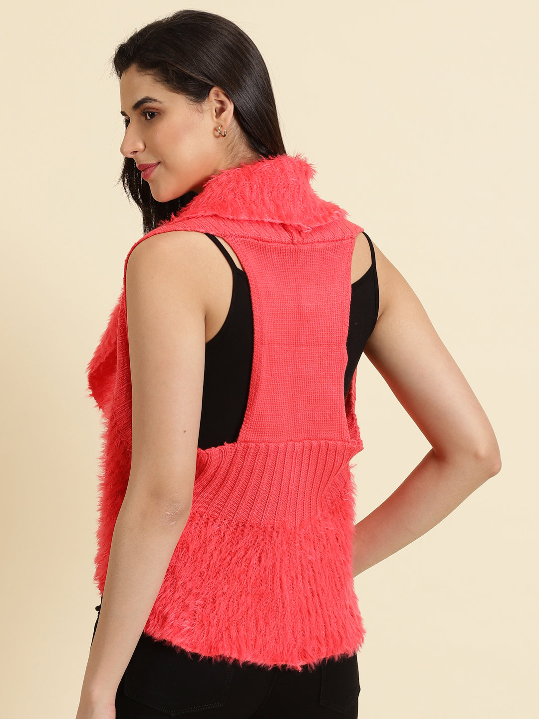 Women's Coral Self Design Wool Sleeveless Open Front Shrug