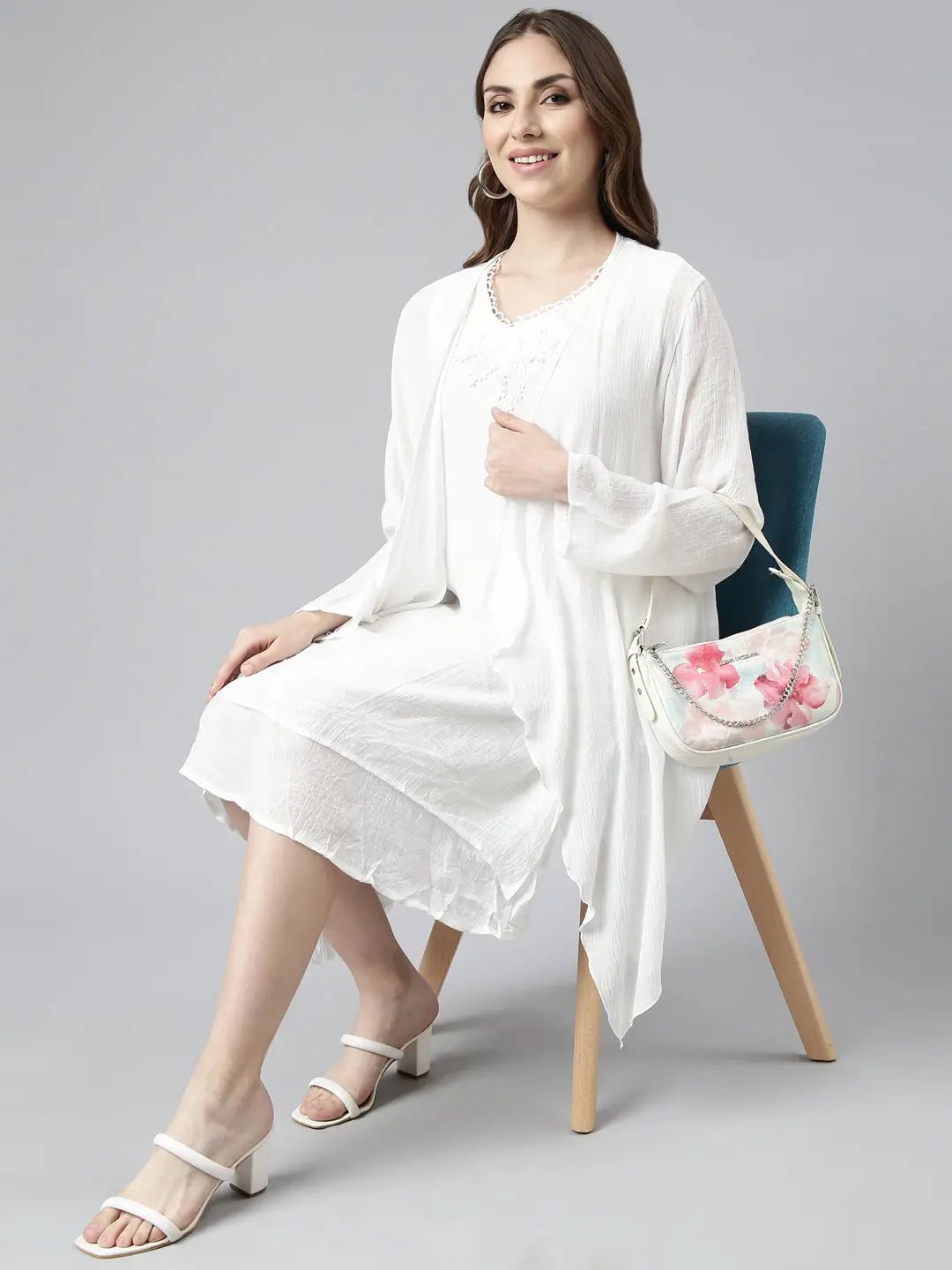 Women's White Self Design A-Line Dress