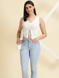 Women's White V-Neck Tie Ups Detail Ruched Fitted Top