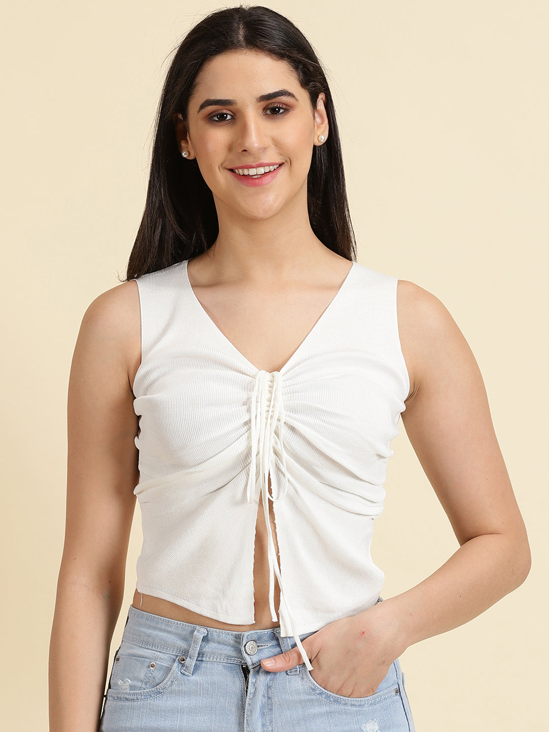 Women's White Solid Fitted Top