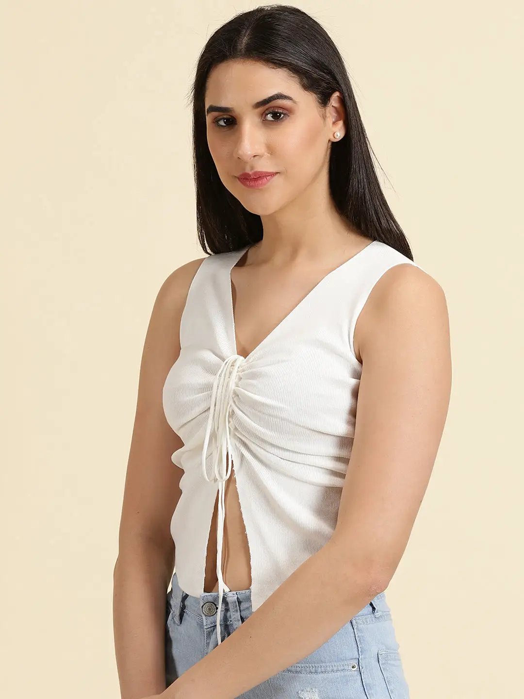 Women's White V-Neck Tie Ups Detail Ruched Fitted Top