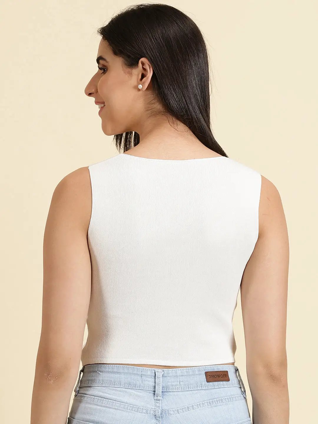 Women's White V-Neck Tie Ups Detail Ruched Fitted Top