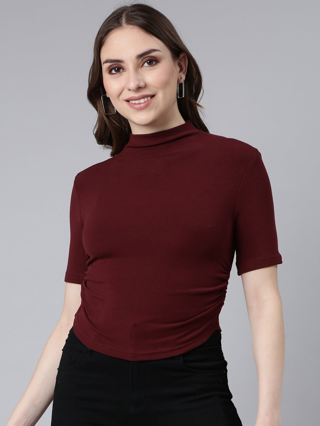 Women Maroon Solid Fitted Top