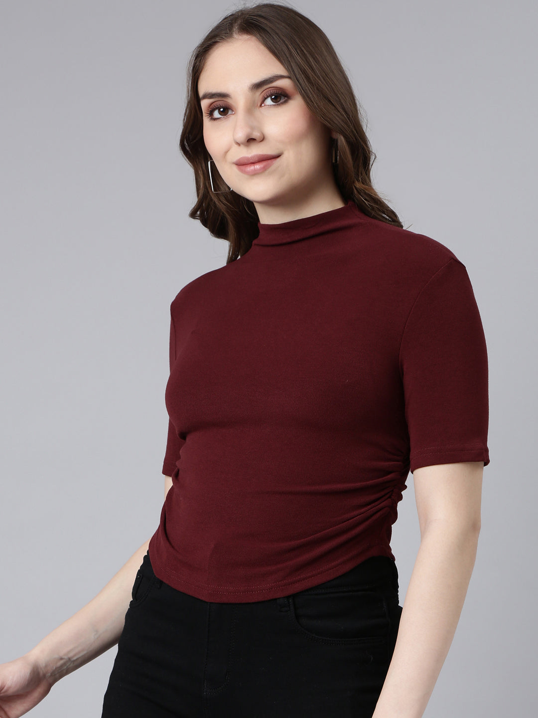 Women Maroon Solid Fitted Top