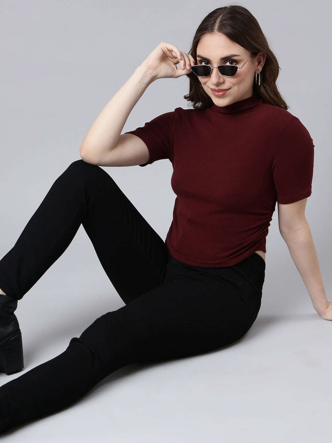 Women Maroon Solid Fitted Top