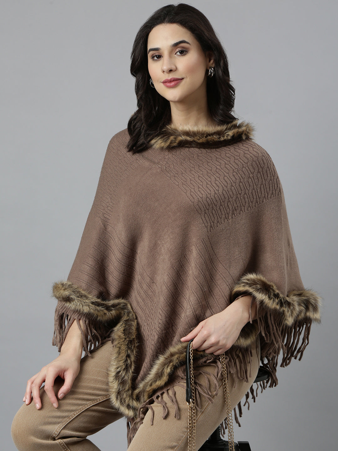 Women Self Design Longline Brown Poncho