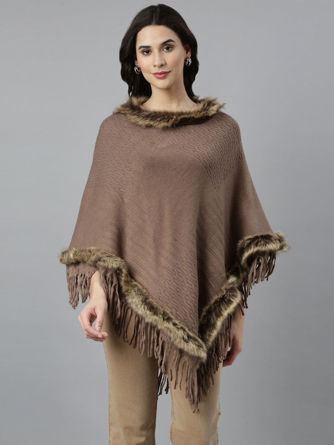 Women Self Design Longline Brown Poncho