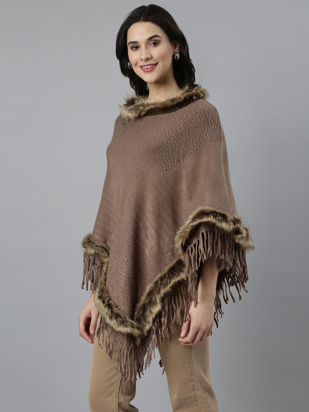 Women Self Design Longline Brown Poncho