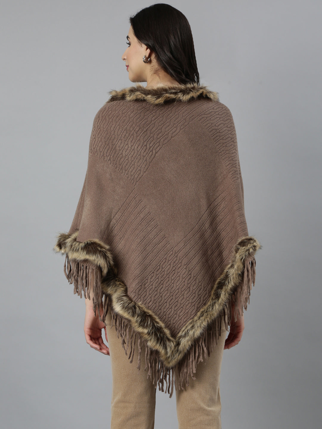 Women Self Design Longline Brown Poncho