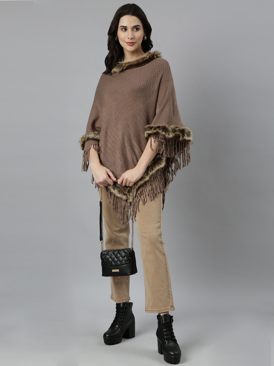 Women Self Design Longline Brown Poncho