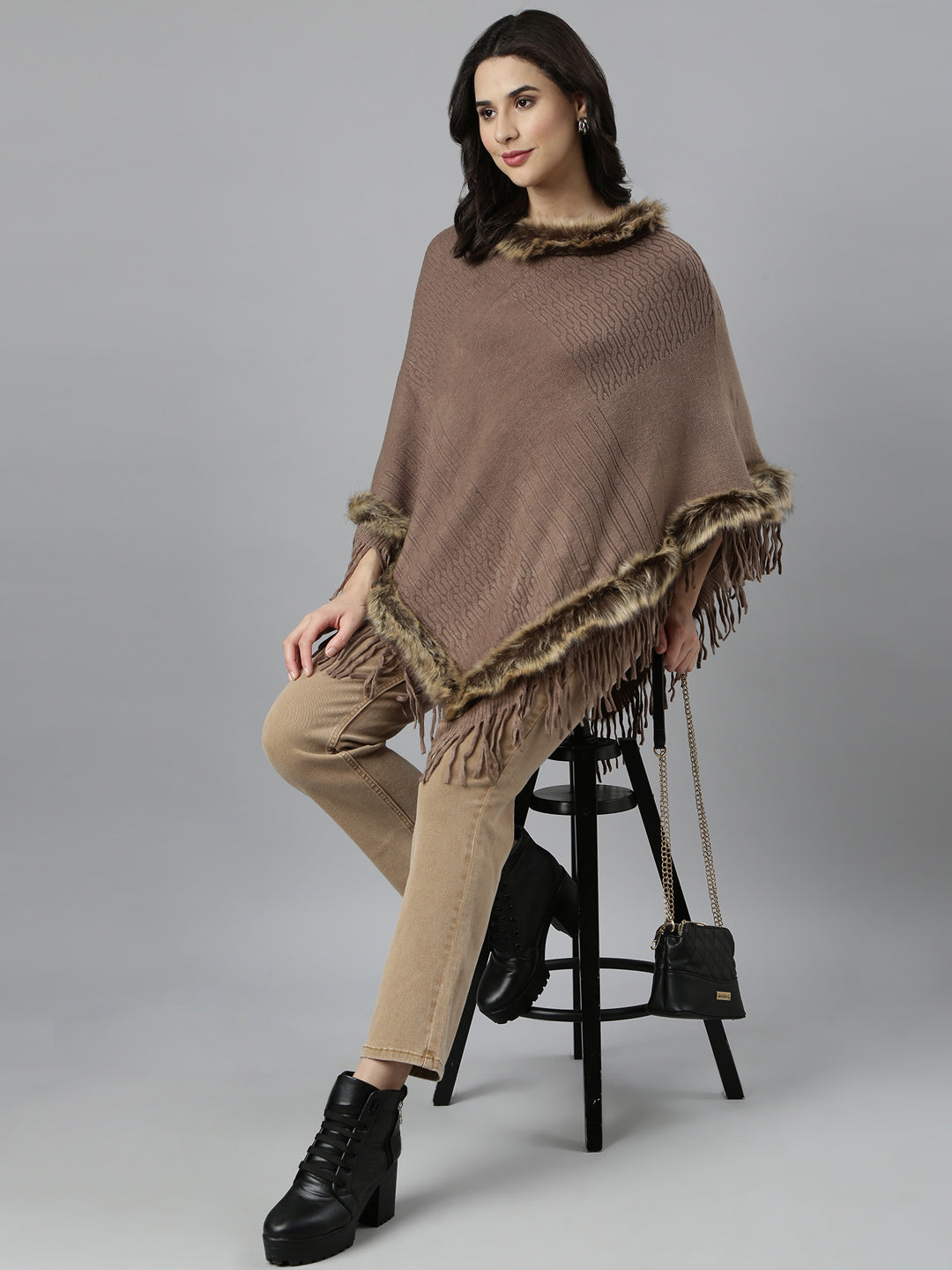 Women Self Design Longline Brown Poncho