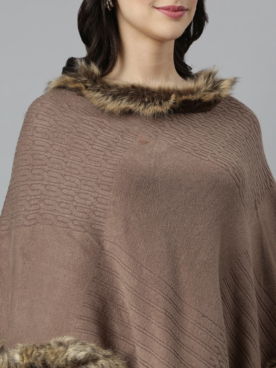 Women Self Design Longline Brown Poncho