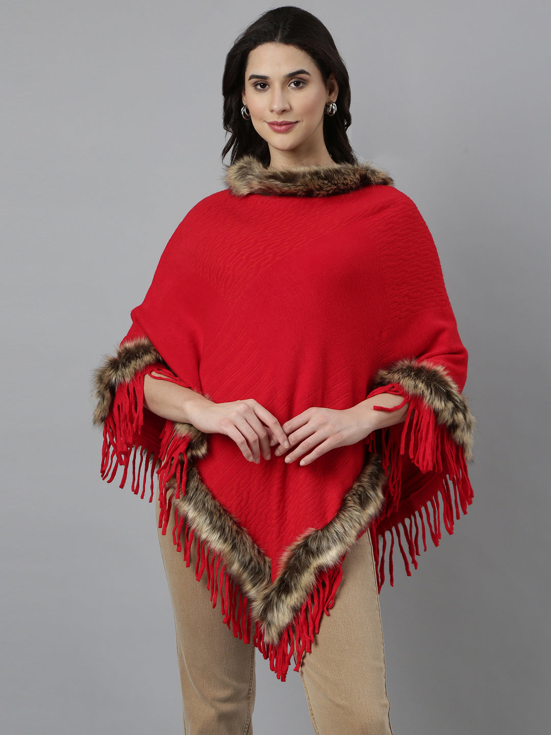 Women Self Design Longline Red Poncho