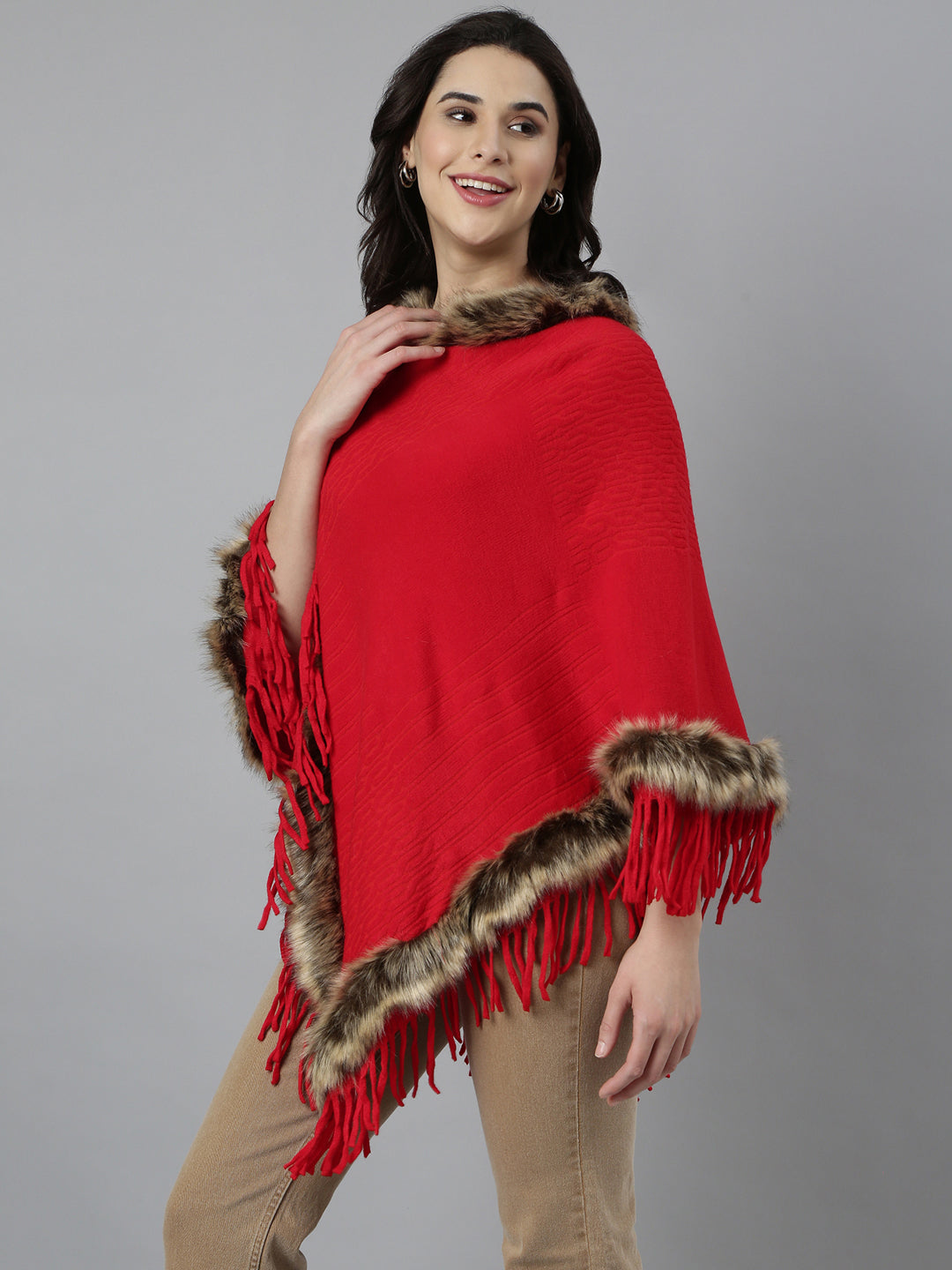 Women Self Design Longline Red Poncho