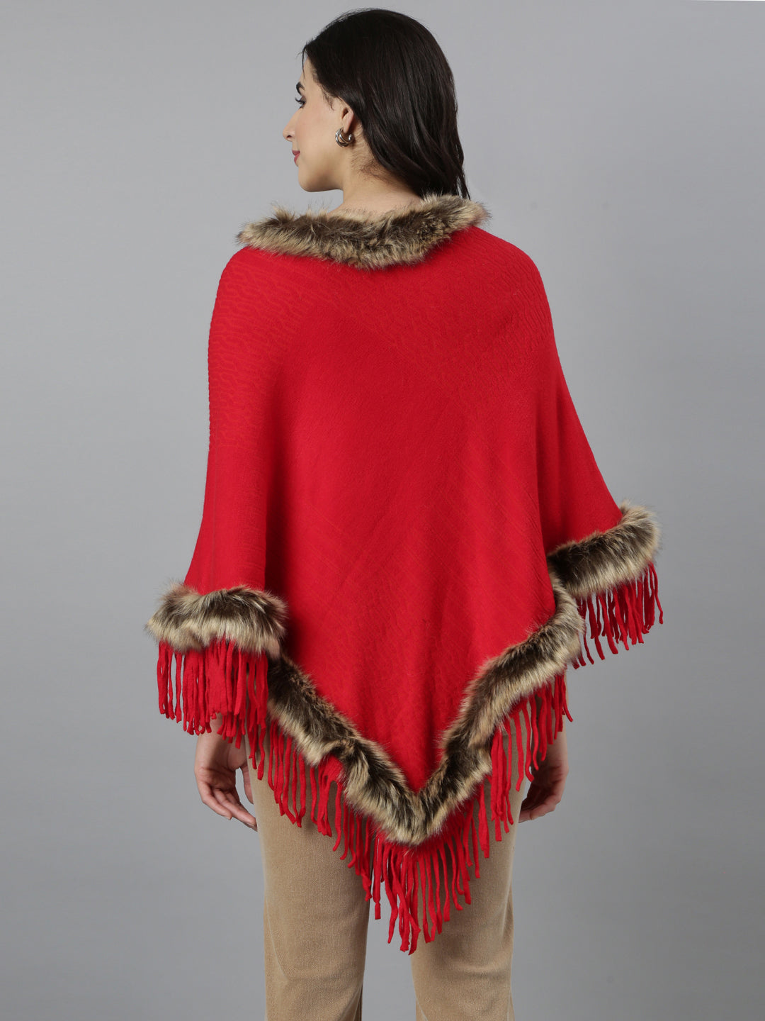 Women Self Design Longline Red Poncho