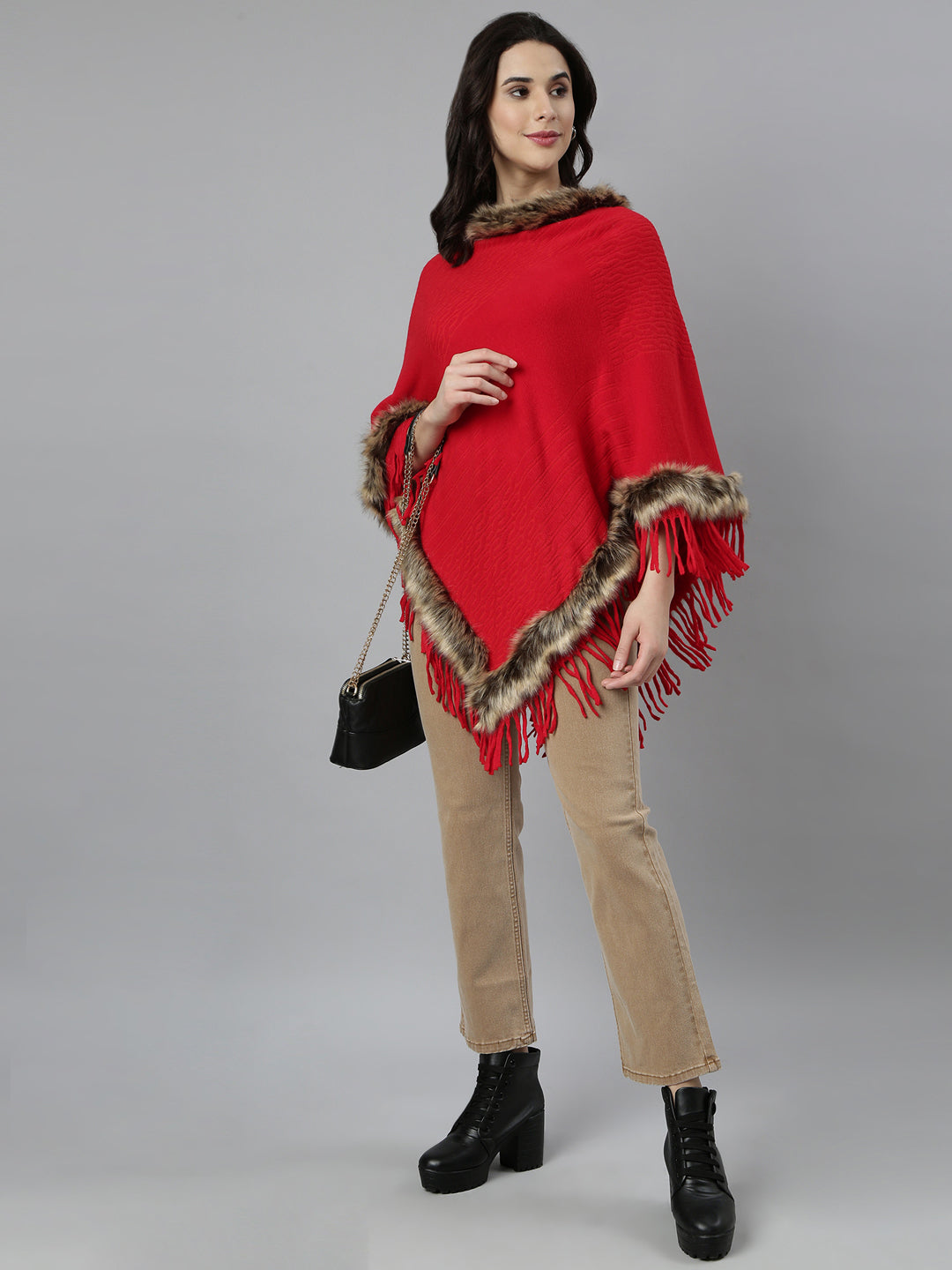 Women Self Design Longline Red Poncho