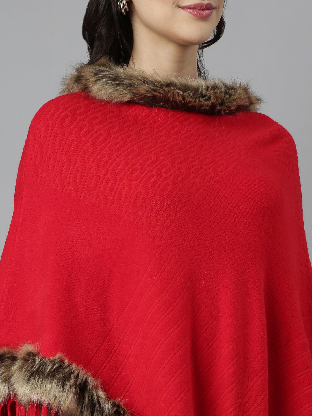 Women Self Design Longline Red Poncho