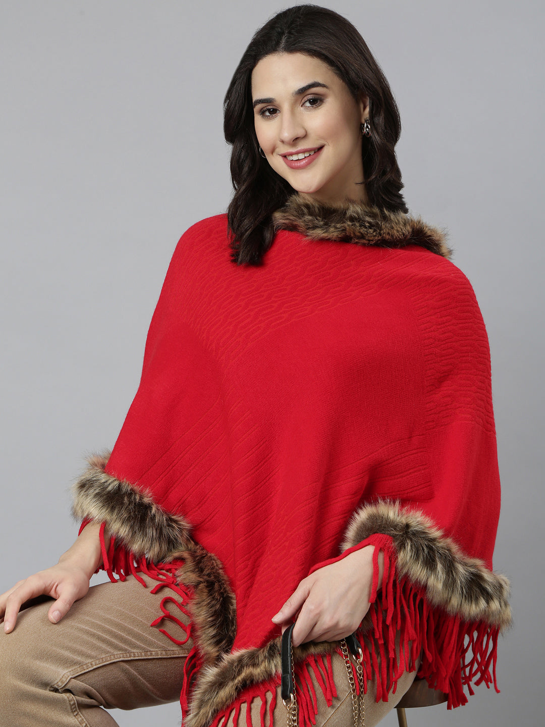 Women Self Design Longline Red Poncho