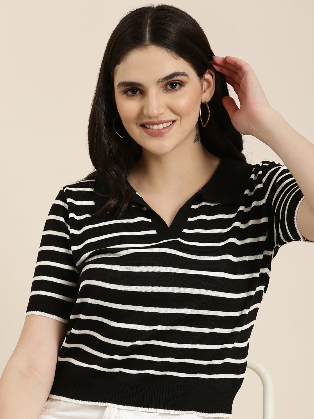 Women Shirt Collar Striped Regular Black Top