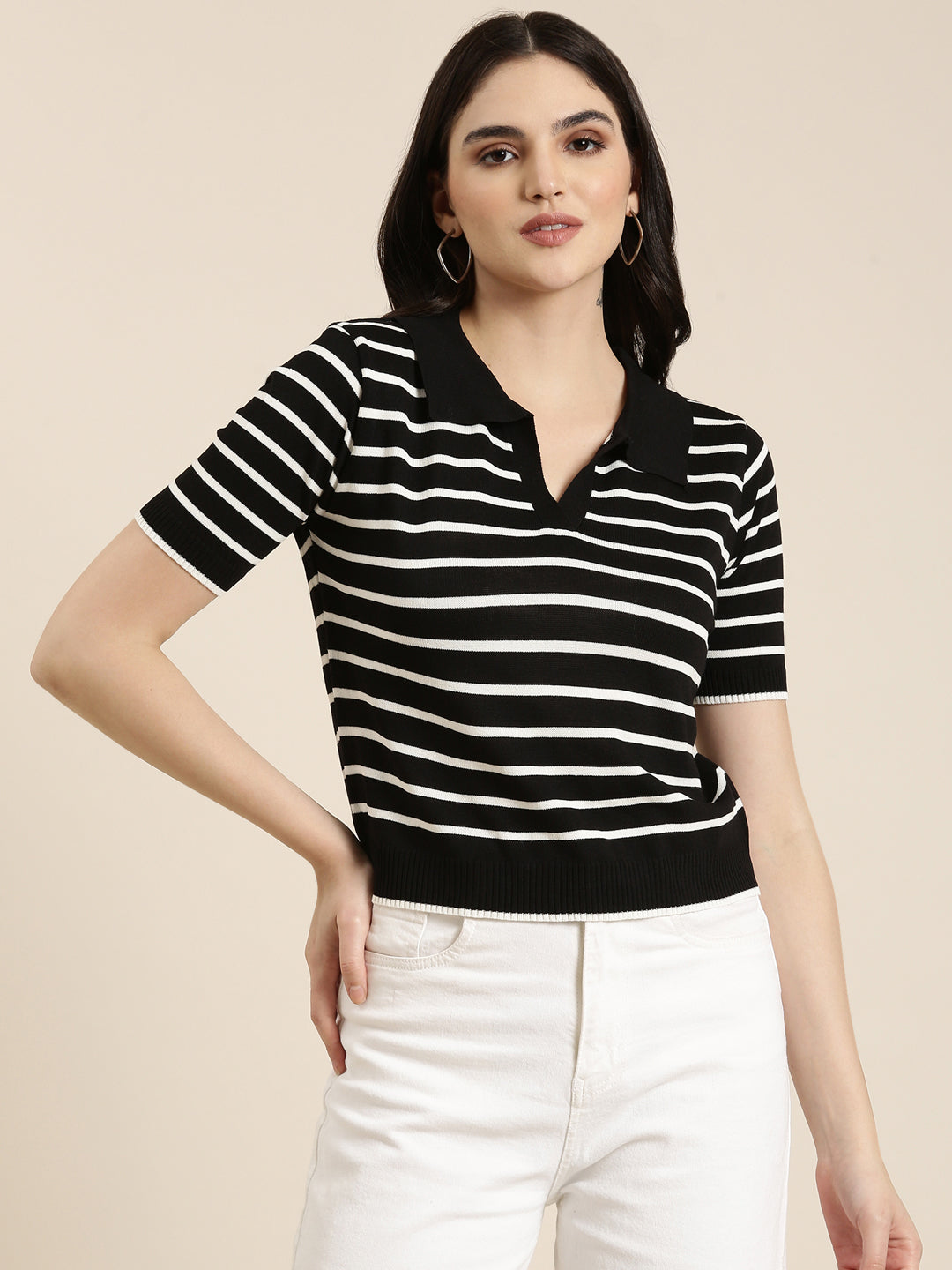 Women Shirt Collar Striped Regular Black Top