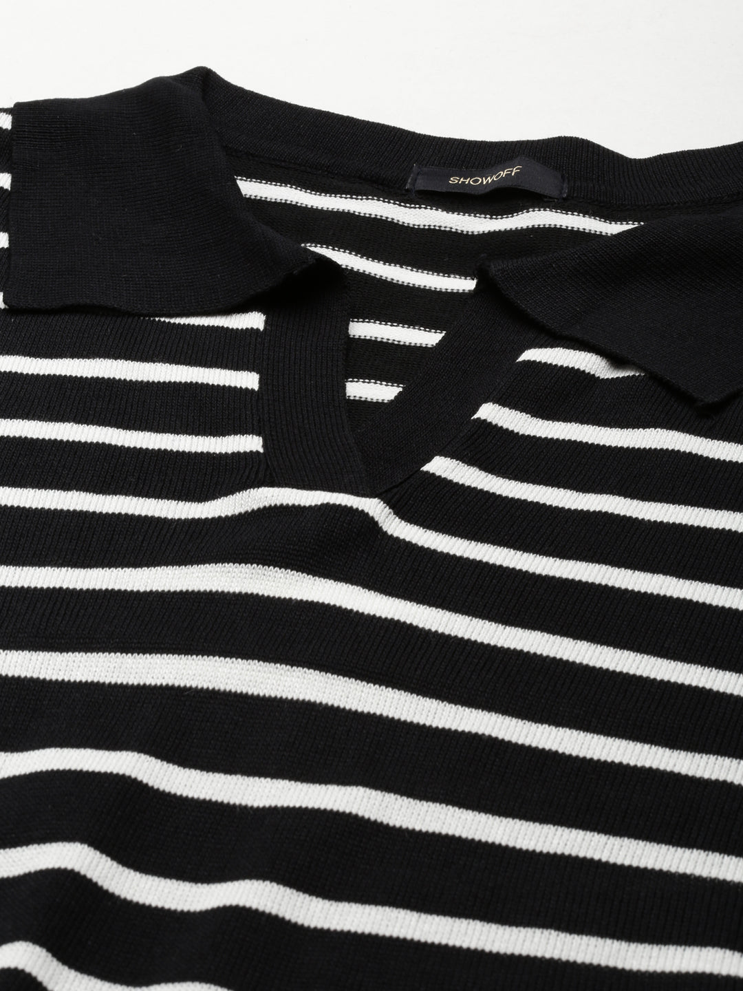 Women Shirt Collar Striped Regular Black Top