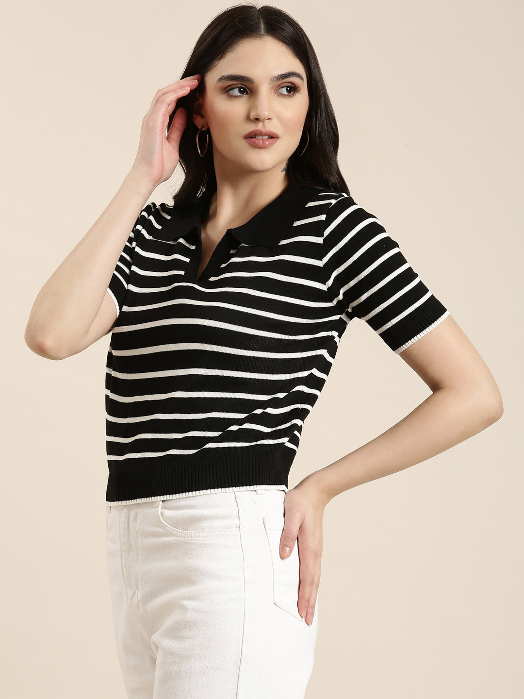 Women Shirt Collar Striped Regular Black Top