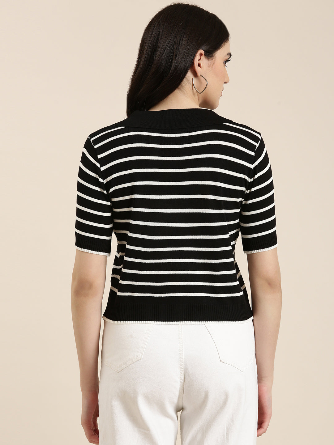 Women Shirt Collar Striped Regular Black Top