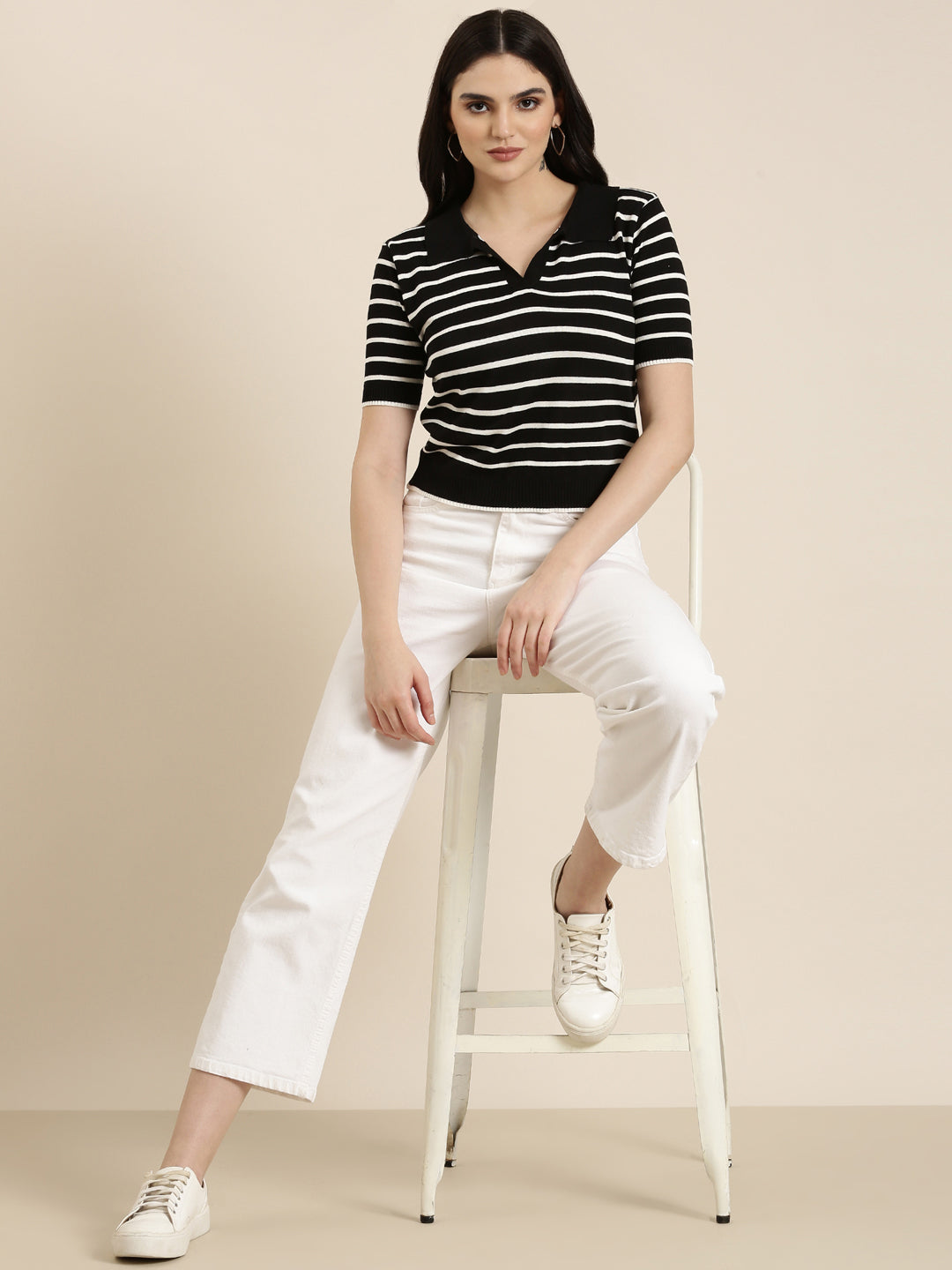 Women Shirt Collar Striped Regular Black Top