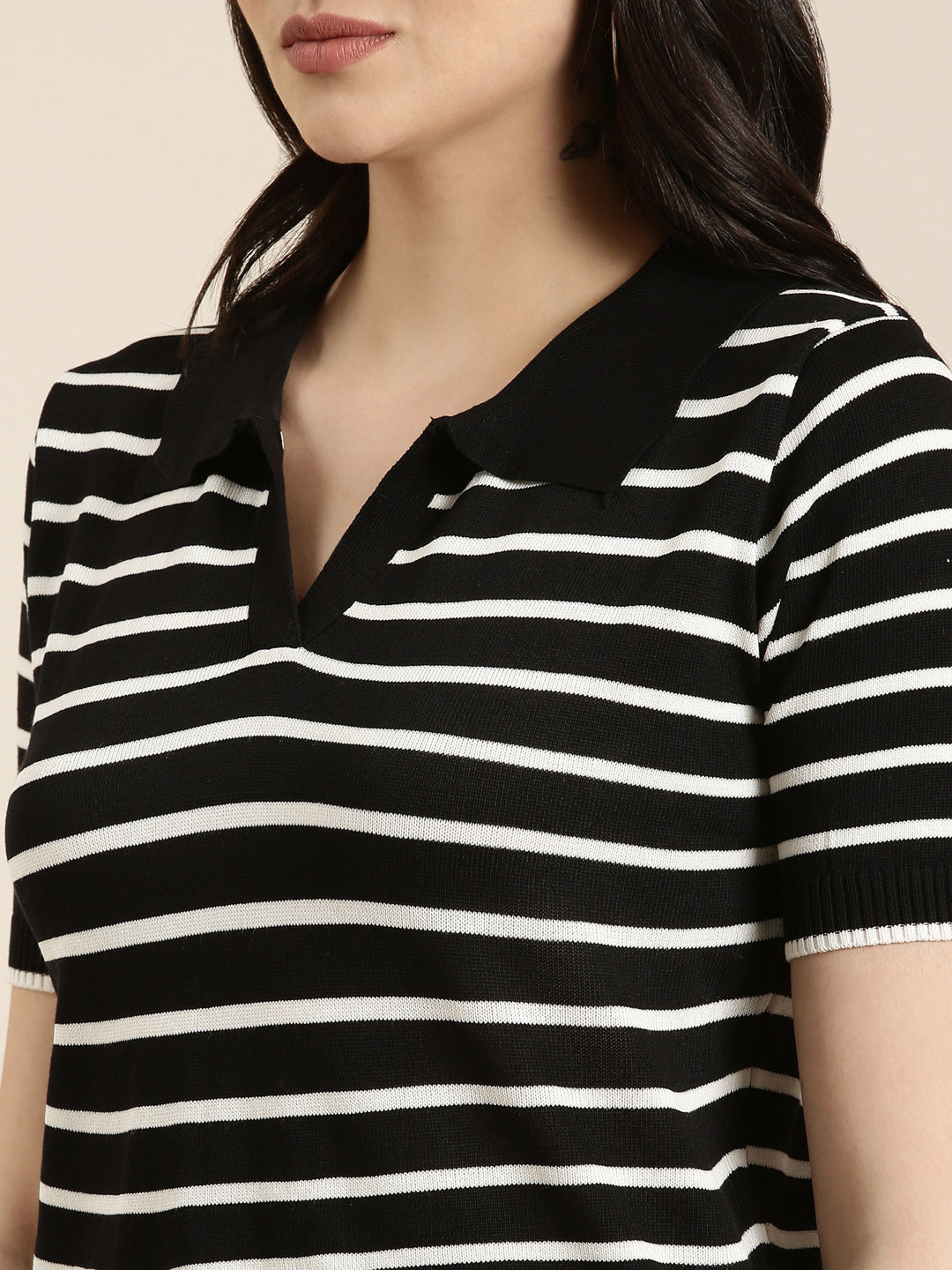 Women Shirt Collar Striped Regular Black Top