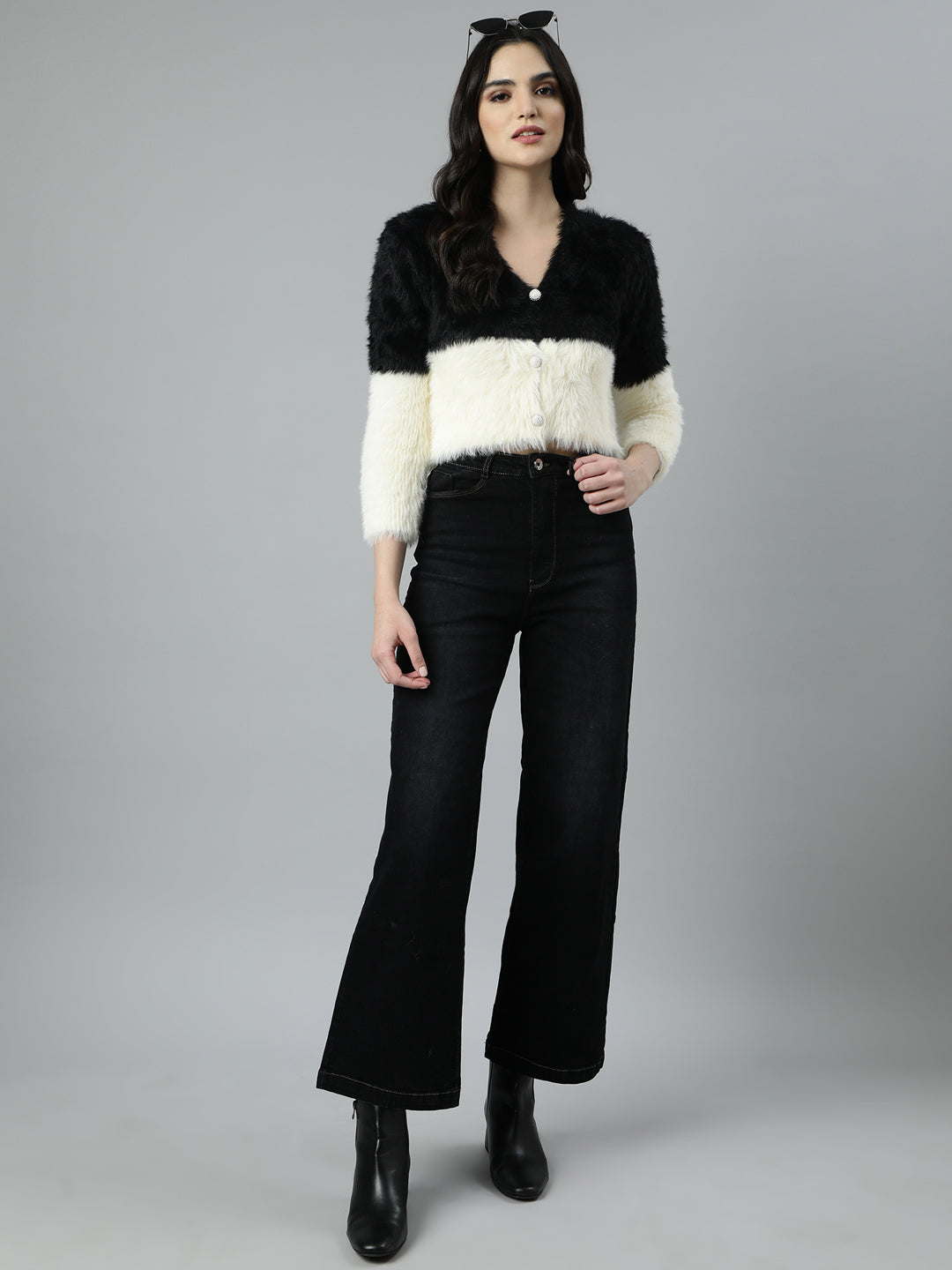 Women Colourblocked Crop Black Cardigan