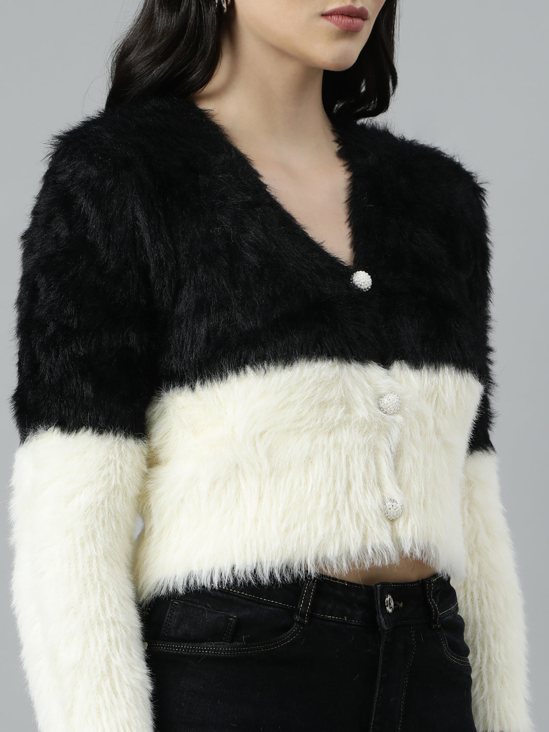 Women Colourblocked Crop Black Cardigan