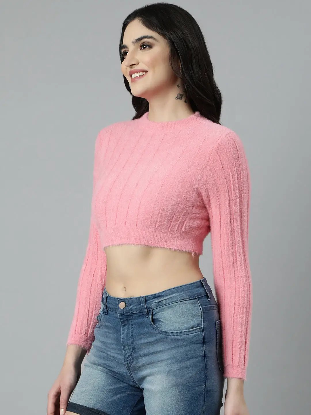 Women's Solid Pink Crop Top