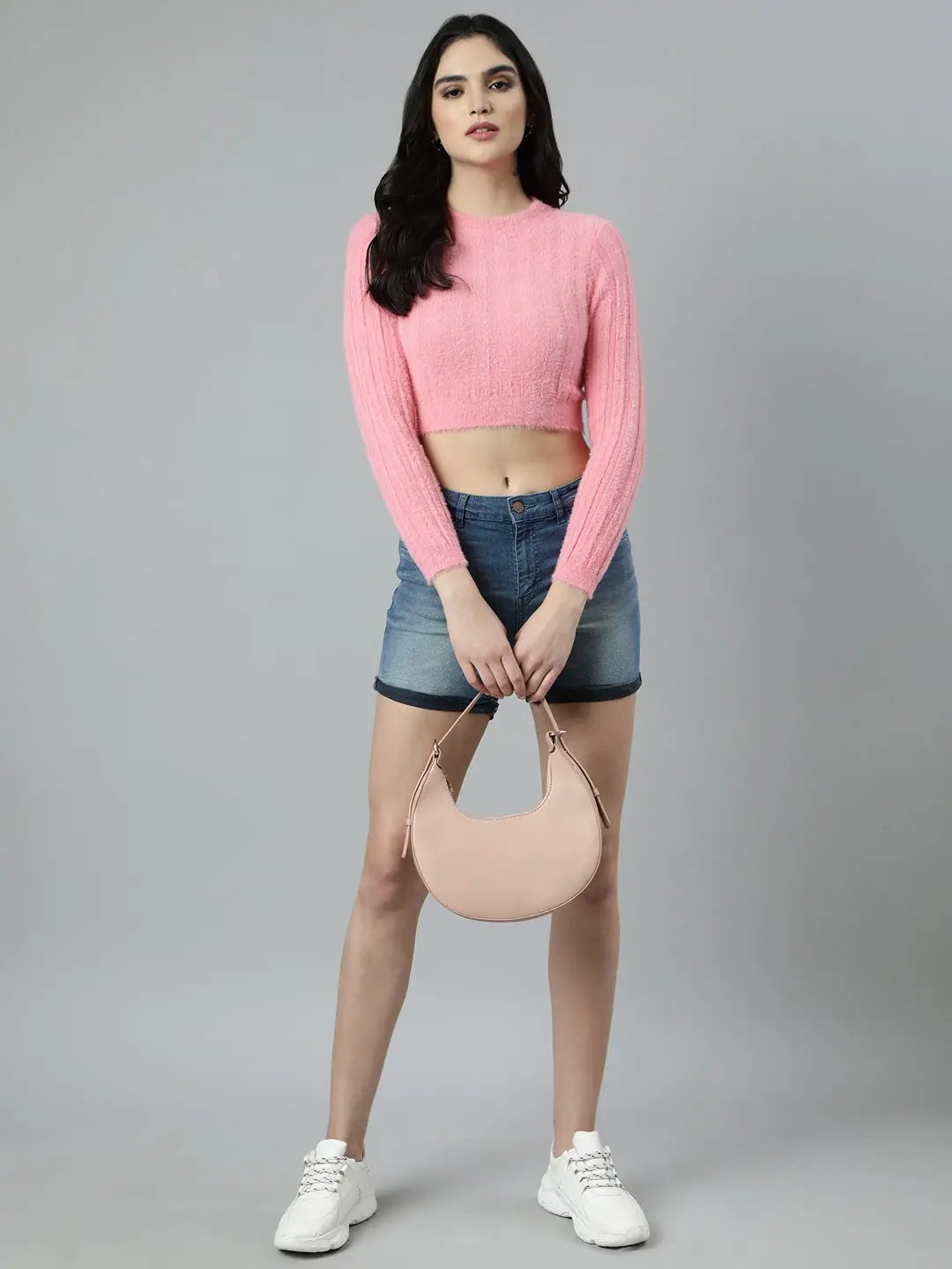 Women's Solid Pink Crop Top