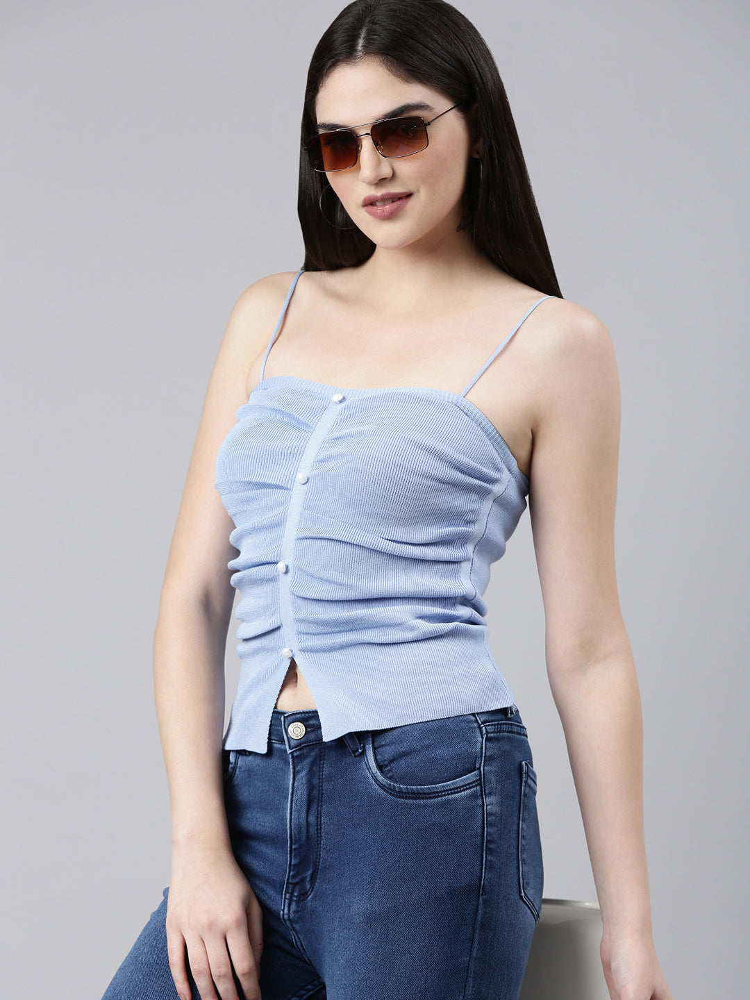 Shoulder Straps Solid Blue Fitted Regular Top