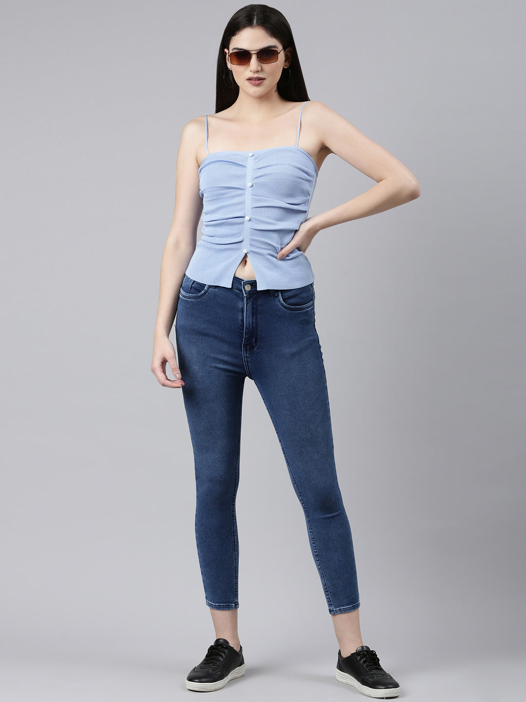 Shoulder Straps Solid Blue Fitted Regular Top