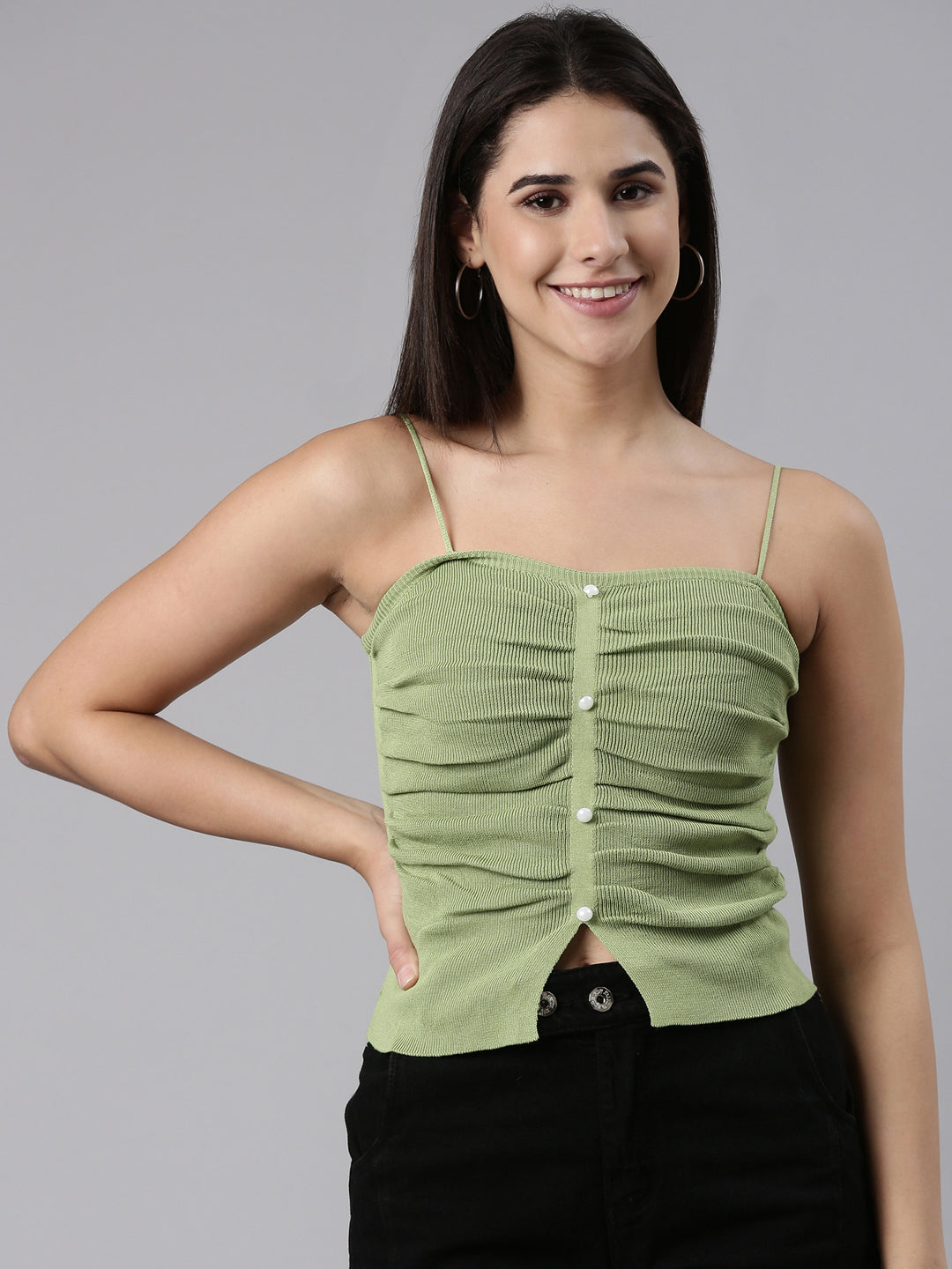 Women Shoulder Straps Solid Green Fitted Regular Top