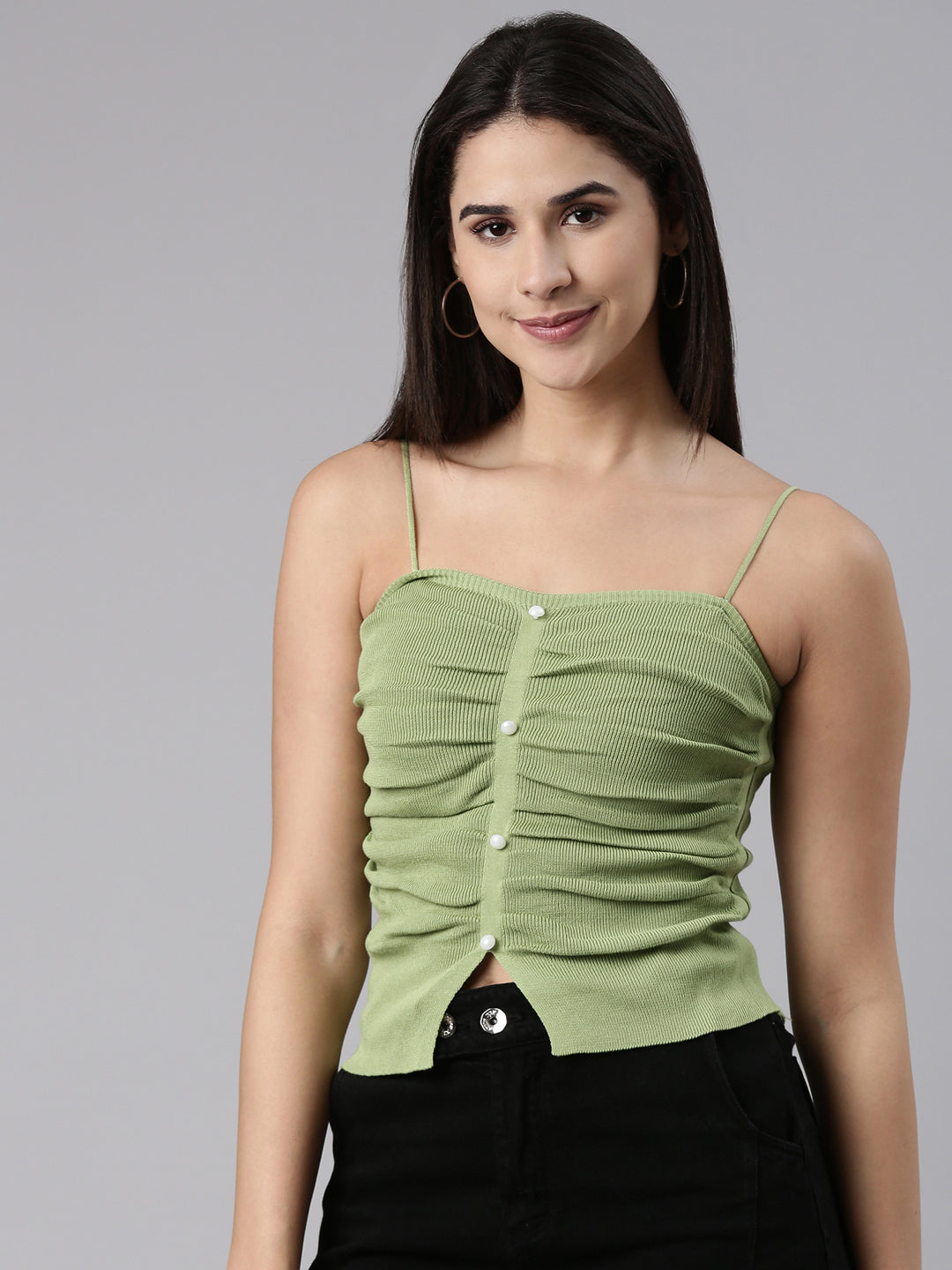 Women Shoulder Straps Solid Green Fitted Regular Top