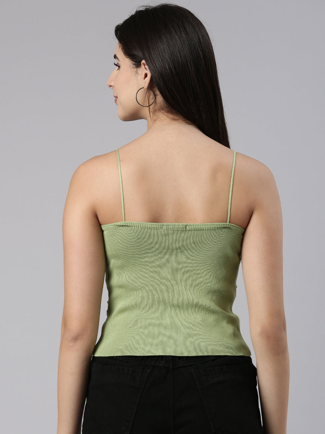 Women Shoulder Straps Solid Green Fitted Regular Top