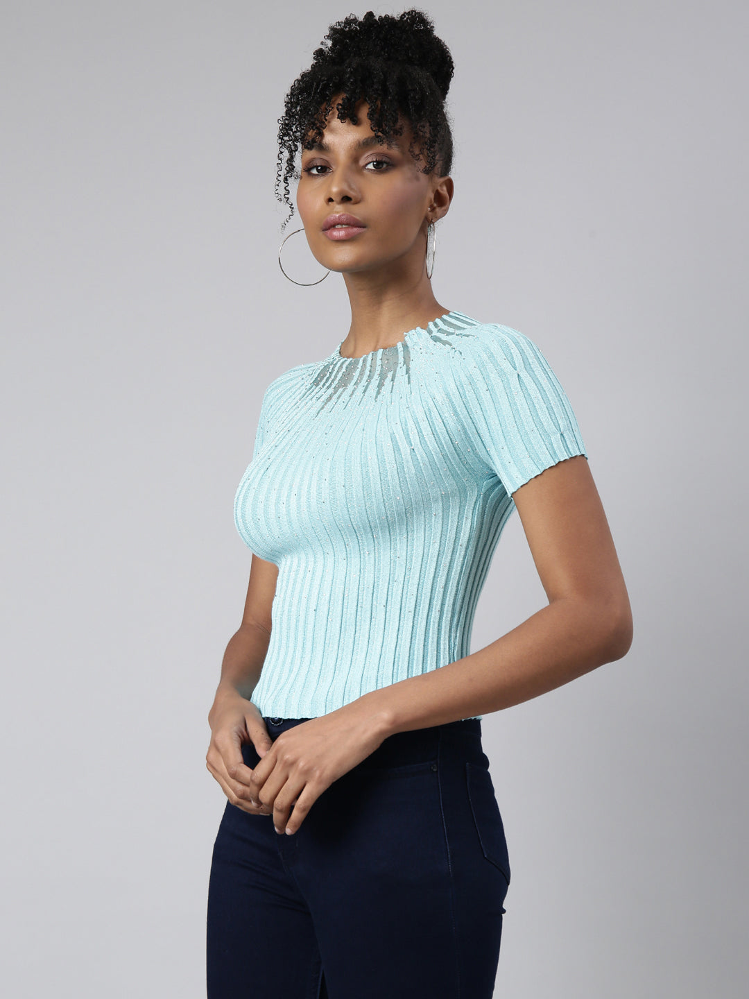 Women Turquoise Blue Self Design Fitted Crop Top