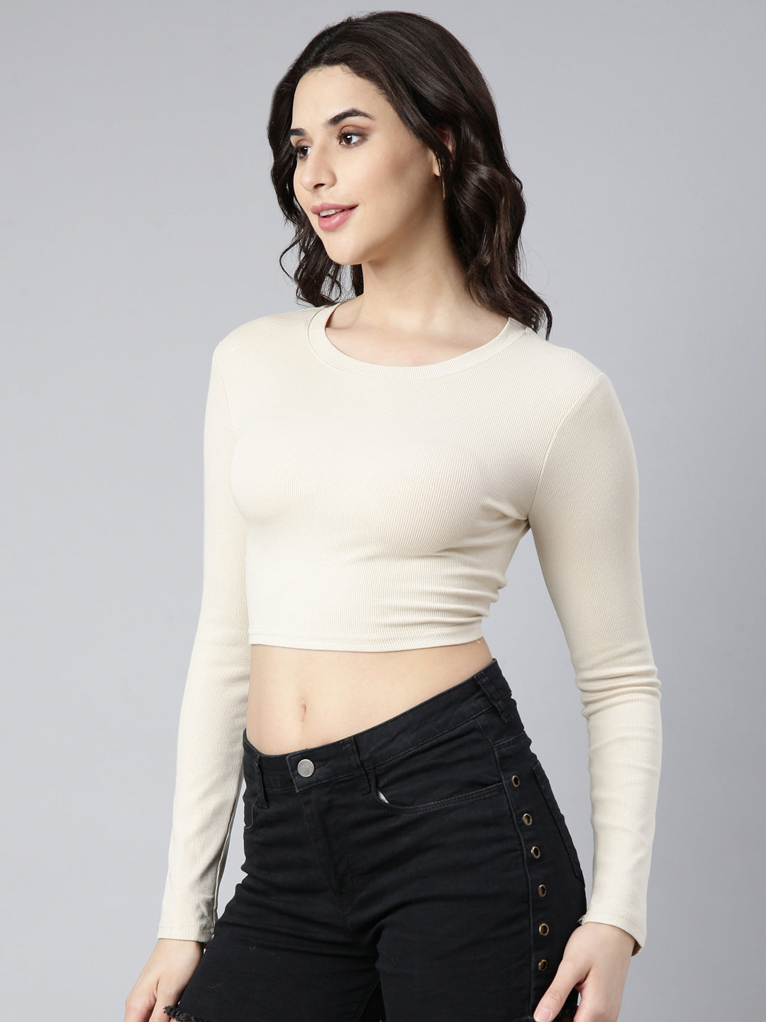 Women Solid Beige Styled Back Crop Top