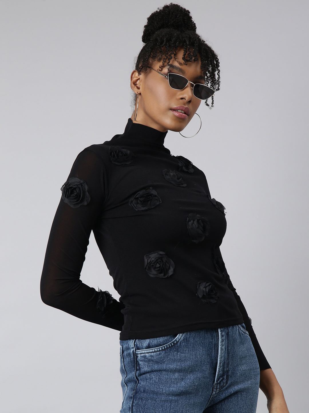 Women Black Embellished Fitted Top