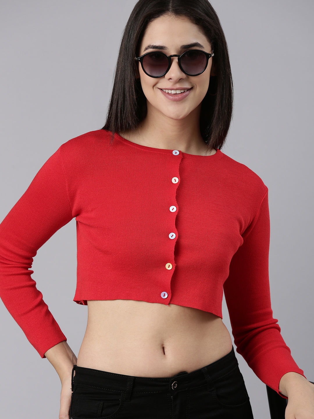 Women Red Solid Front-Open Crop Sweater