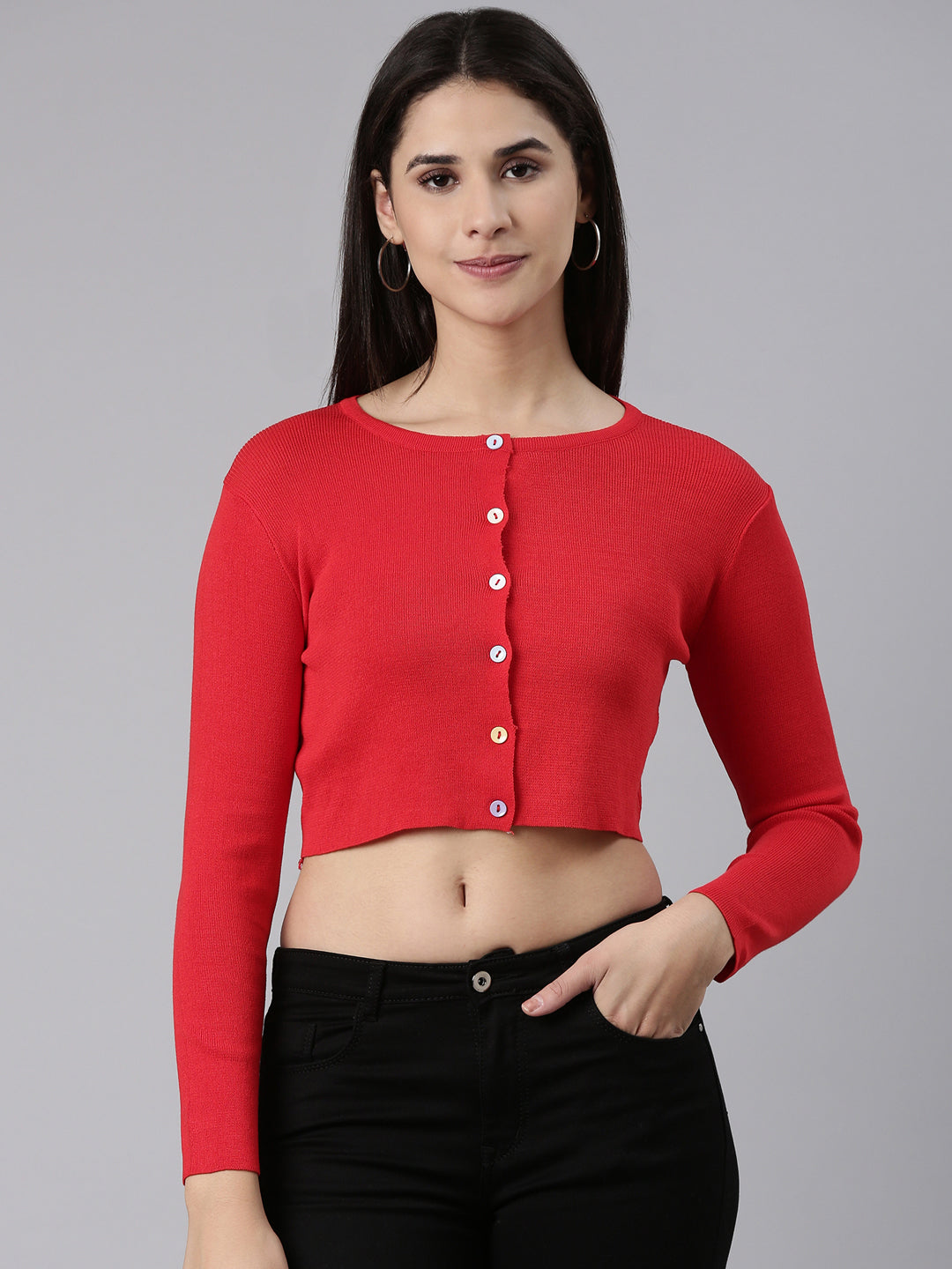 Women Red Solid Front-Open Crop Sweater